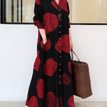 Long Sleeves Loose Printed Split-Joint Lapel Maxi Dresses Shirt Dress