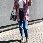 Flannel Plaid Shirts Batwing-Sleeve Button Down Roll Up Long Sleeve Collar Streetwear Blouse Tops