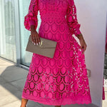 Romantic, Sensual and Elegant Crochet Lace Lantern Sleeve Party Midi Dress
