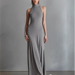 Women's Gray Stretch-Knit Dress With Halter Turtleneck & Side Slit, Timeless Sleek-Elegant Style Dress