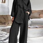 Nadorine Casual Retro Two-Piece Sets Long Sleeve Loose Shirt and Elastic Waist Wide Leg Pants
