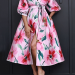 A-Line Half Sleeves Flower Print Tied Waist V-Neck Midi Dresses