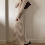 Long Sleeve Dress V-Neck Knit Maxi Dress Ribbed Elegant Long High Waist Pleated Dresses