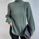 Mid-Length Raglan Sleeve Turtleneck Slit Sweater
