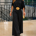 Women's Satin Two Piece Set Convertible Shoulder Drawstring Sleeve Top and Wide Leg Pants Set without Belt