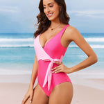 Nadorine Women's Color Block Wrap One Piece Swimsuits Bowknot Tie Side Bathing Suit