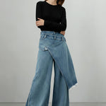 High Waisted Irregularity Asymmetric Buttoned Fringed Interlace Layered Pockets Solid Color Jean Pants Bottoms