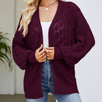 Solid Color Hollowed Out Knitted Cardigan Loose V-Neck Long Sleeved Cardigan Top