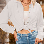 Loose Pocket Lapel Button Textured Blouse