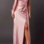 One-shoulder satin twisted high-slit maxi dress