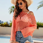 Nadorine Women's Crochet Hollow Out Long Sleeve Beach Bikini Swimsuit Mesh Cover Up Tunic Top