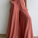 Wide Leg Flowy Pants Summer Boho Elastic Waist Drawstring Palazzo Trousers