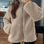 Teddy Fleece Jacket Cozy High Collar Zip-up Coat Fuzzy Winter Outwear with Pockets
