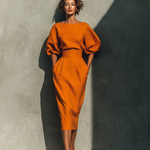 Women's Orange Mid-sleeve Top And Midi Skirt Set