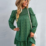 Long Sleeve Dress Boho Floral Ruffle High Neck Mini Dress Casual Loose Pleated Flowy Dresses