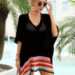 Hollow Out Beach Swimsuit Coverups Oversized Short Sleeve V Neck Loose Knit Bikini Cover Up