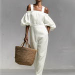 Women's White Linen Jumpsuit With Cold-Shoulder Neckline & Puff Sleeves, Timeless Boho-Casual Style Jumpsuit