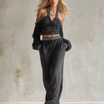 Stylish Sporty Striped Trim Black Corduroy Off-the-shoulder Top And Wide-leg Pants Set