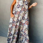 Sky Blue Floral Sleeveless Pocketed Wide Leg Jumpsuit