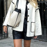 Nadorine Buttoned Crew Neck Loose Color Block Knitted Jacket