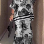 Casual V-neck printed short-sleeved top and wide-leg pants set