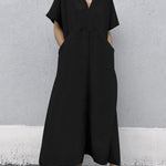 Solid Color V-neck Large Pocket Short-sleeved Linen Maxi Dress