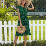 Polka Dot Midi Modest Summer Dress for Women High Waist Short Sleeve with Belt