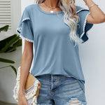 Pom-Pom Trim Flutter Sleeve Round Neck Tee Casual Blouses Tops