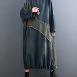 Original Loose Denim Contrast Color Round-Neck Long Sleeves Midi Dress
