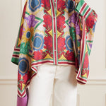 Batwing Sleeves High-low Buttoned Flower Print Stand Collar Blouses&shirts Tops