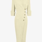 Elegant Look Linen Blend Stand Lapel Neck Half Sleeve Side Button Midi Dress