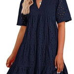 Women's V Neck Short Sleeve Hollow Out Mini Vacation Dress