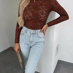 Women's Sexy Sheer Lace Top Long Sleeve O-Neck Slim Fit See-Through Elegant Blouse Base Layer Shirt