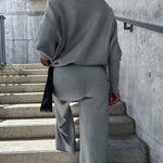 Solid Color Two Pieces Sets Off-shoulder Bat Sleeve Top Casual Wide Leg Pants Suit
