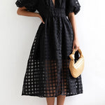 Remarkable Beauty Square Patterned Fabric Puff Sleeve Party Midi Dress
