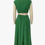 Cap Sleeve Belly-Hollow Pleated Solid Color Stand Collar Maxi Dresses