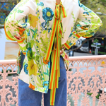 Satin Floral Print Back Tie-up Button Down Oversized Blouse