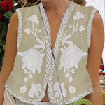 Retro Floral Embroidered Gillet Ethnic Weatern Vest Jacket Sleeveless Cardigan Crop Top