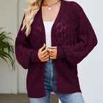 Solid Color Hollowed Out Knitted Cardigan Loose V-Neck Long Sleeved Cardigan Top