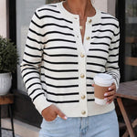 Women's Striped Knit Cardigan Casual Crewneck Button Down Sweater Vintage French Style Long Sleeve Top