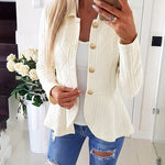 Women's Argyle Cable Knit Jacket Elegant Lapel Collar Gold Button Down Cardigan Ruffle Hem Long Sleeve Coat