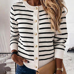 Women's Striped Knit Cardigan Casual Crewneck Button Down Sweater Vintage French Style Long Sleeve Top