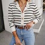 Women's Striped Knit Cardigan Casual Crewneck Button Down Sweater Vintage French Style Long Sleeve Top