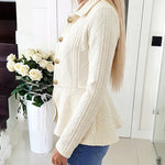 Women's Argyle Cable Knit Jacket Elegant Lapel Collar Gold Button Down Cardigan Ruffle Hem Long Sleeve Coat