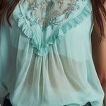 Vintage Elegant Mint Embroidered High-Neck Chiffon Top