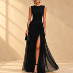 Beatrice | Black high-waist chiffon maxi dress with slit