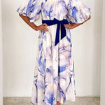 Floral Print Elegant Puff Sleeve Tie-Waist Midi Dress