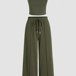 Jungle Green Solid Cropped Tank Top and Wide Leg Pants Set