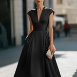 Cap-Sleeve Deep V-Neck Pleated Midi Dress