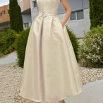 A-Line Loose Belted Pleated Pockets Solid Color V-Neck Midi Dresses